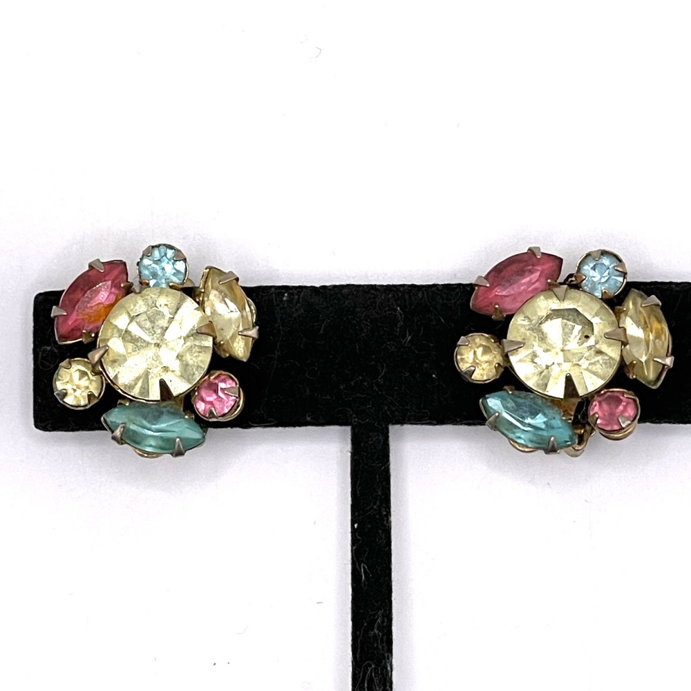 Beaujewels Signed Vintage Fruit Salad Rhinestone Clip-on Earrings